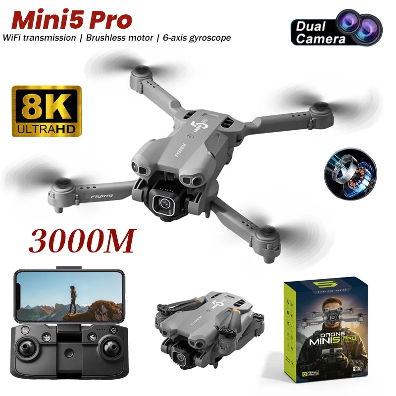 Mini 5 Pro Folding Drone Quadcopter 8K HD Aerial Professional Camera Screen Remote Control Brushless Obstacle UAV Airplane RC To
