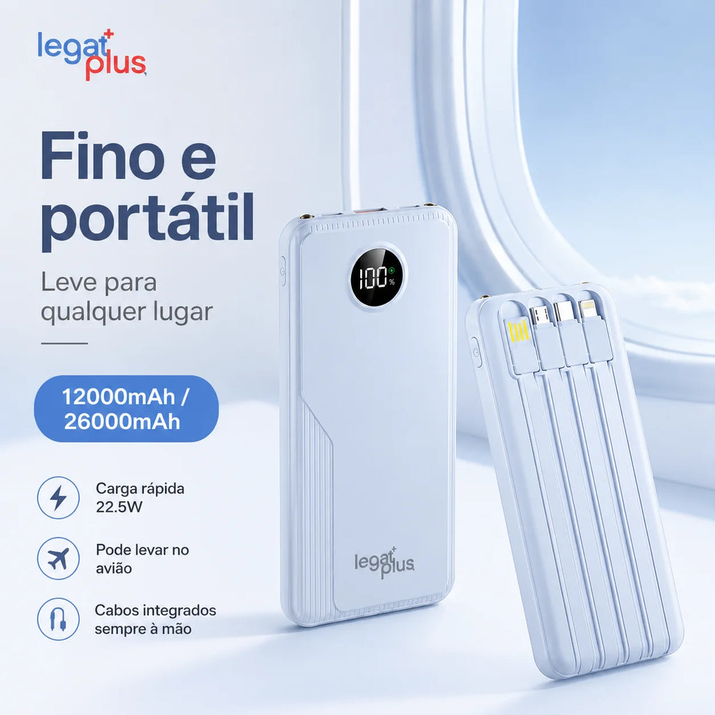 Power Bank 12000mAh / 26000mAh Carga Rápida PD 22.5W Com 4 Cabos Integrados Display Digital Para Viagem