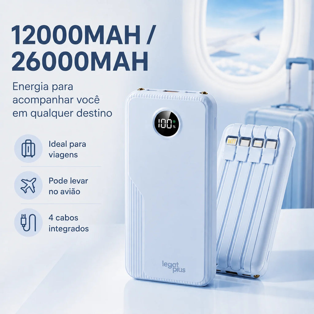 Power Bank 12000mAh / 26000mAh Carga Rápida PD 22.5W Com 4 Cabos Integrados Display Digital Para Viagem