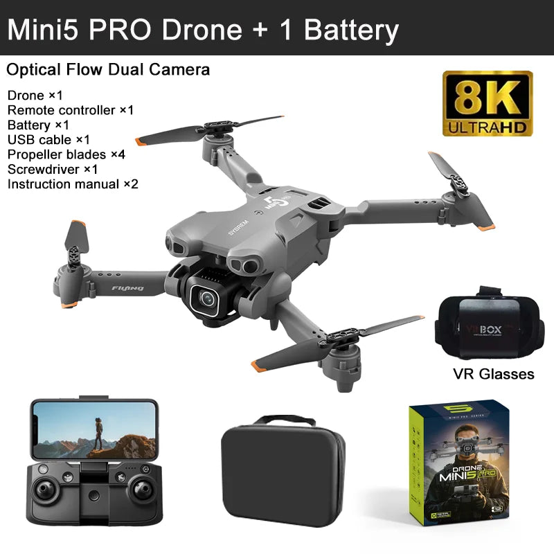 Mini 5 Pro Folding Drone Quadcopter 8K HD Aerial Professional Camera Screen Remote Control Brushless Obstacle UAV Airplane RC To