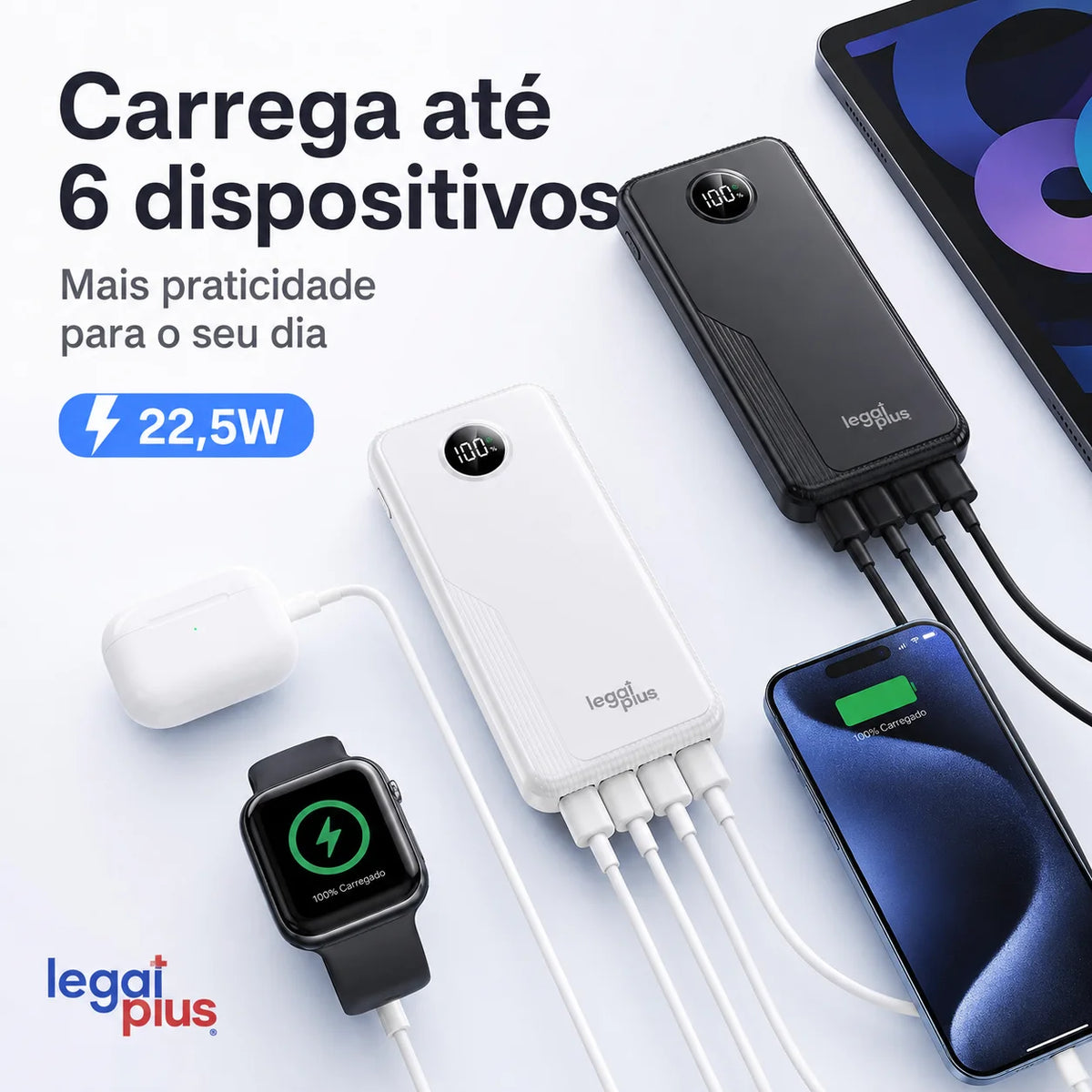 Power Bank 12000mAh / 26000mAh Carga Rápida PD 22.5W Com 4 Cabos Integrados Display Digital Para Viagem